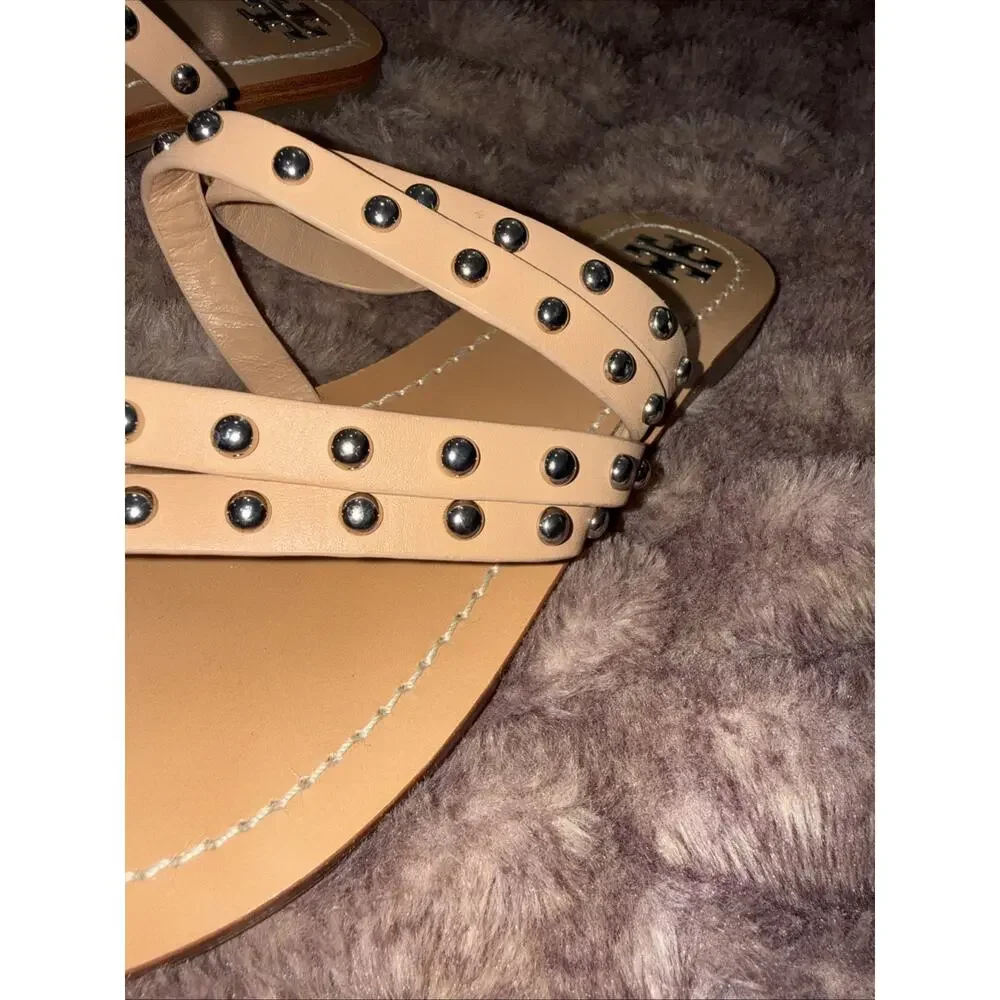 TORY BURCH Patos Studded Sandal SZ 9M Ivory Women LTHR Slide Flat Shoe Beach
